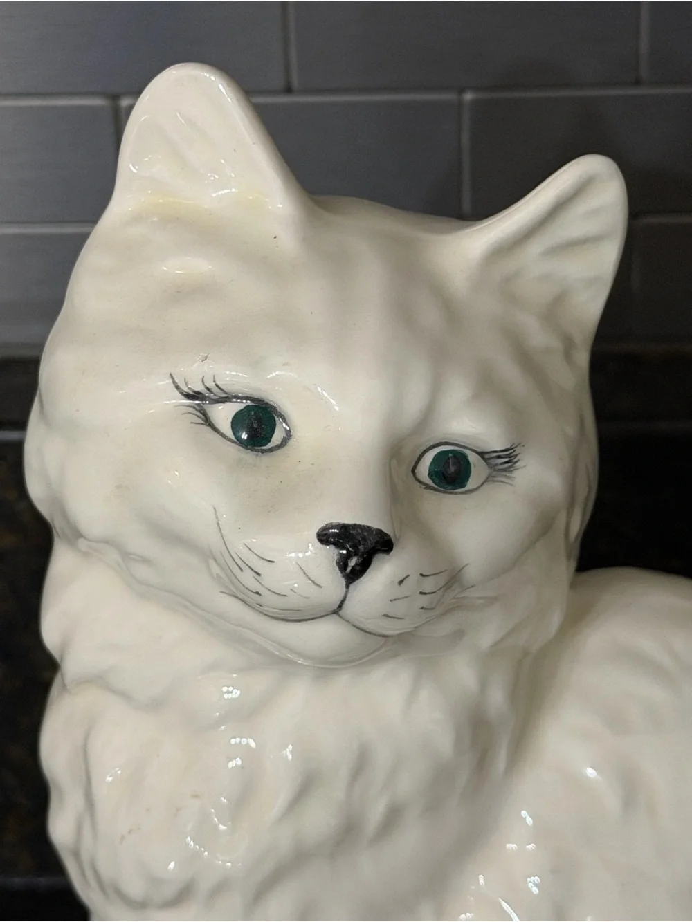 Vintage 1975 White Ceramic Cat Figurine Green Eyes